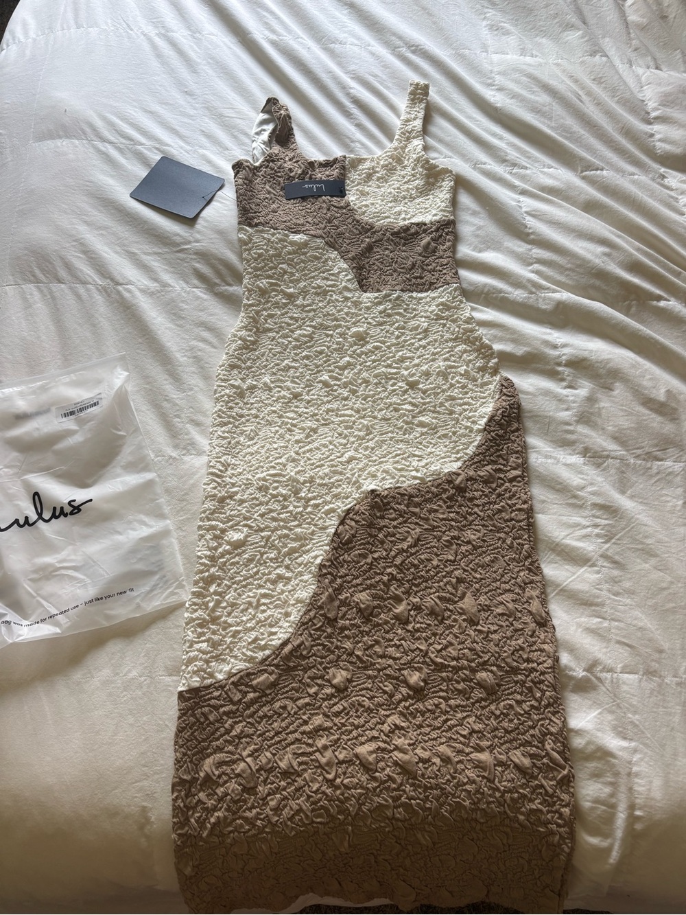 Lulu's Taupe and Cream Textured Colorblock Textured Midi Dress